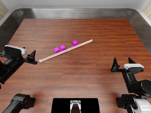Three purple blocks aligned against a ruler between the robot arms